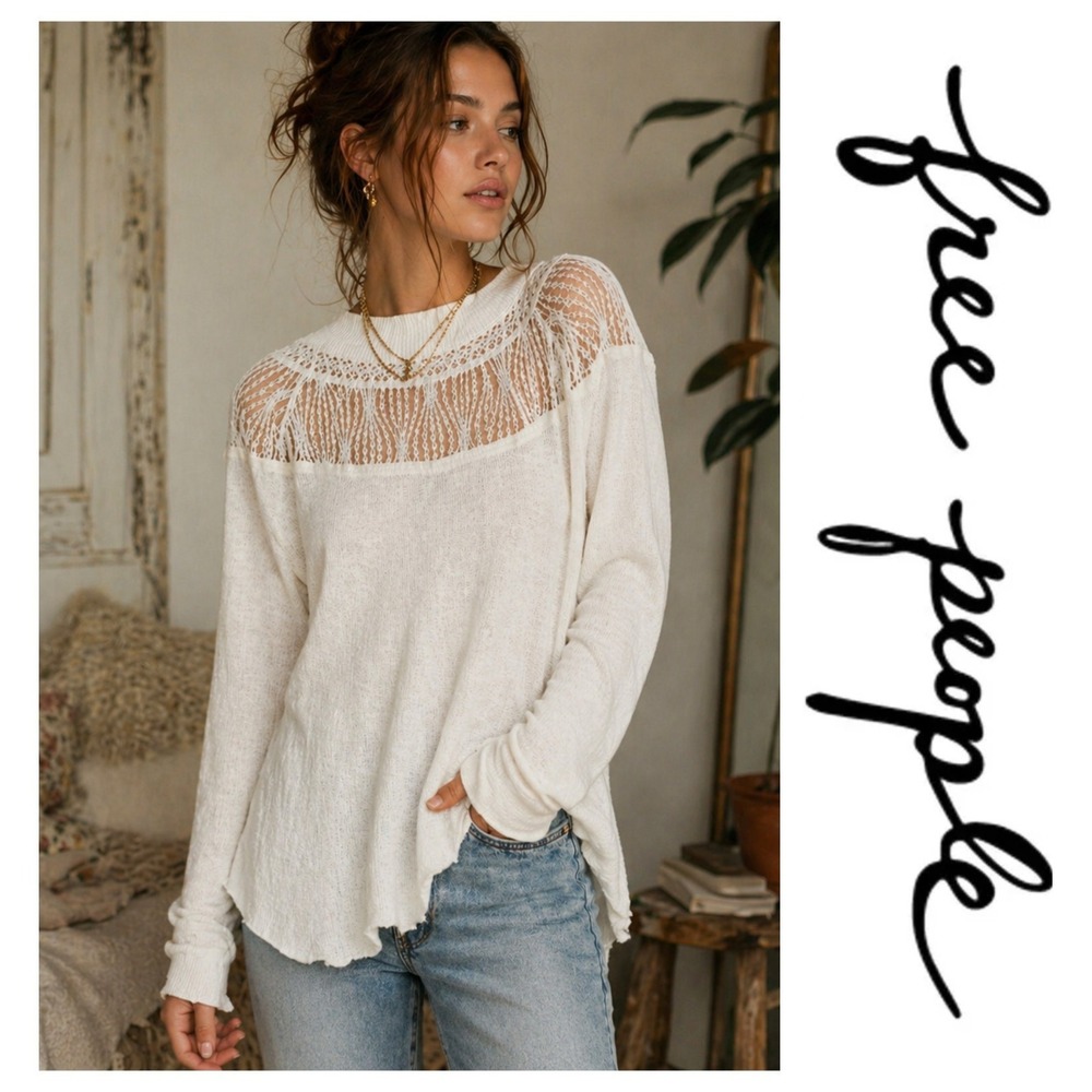Free People Spring Valley White Waffle Knit Thermal Long Sleeve Raw Hem Top L